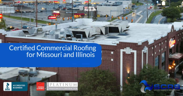 A large restaurant business a waterproof white roof by SCRS certified commercial roofing for Missouri and Illinois with phone number