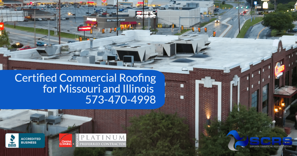 A large restaurant business a waterproof white roof by SCRS certified commercial roofing for Missouri and Illinois with phone number